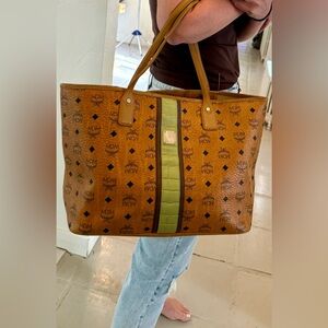 MCM Large Liz Shopper Cognac Visetos Tote Green Croc Stripe Authentic Reversible